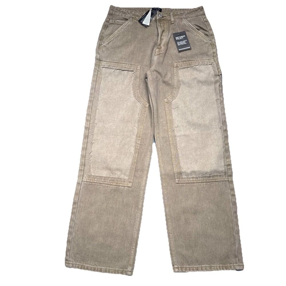 Boohoo Man Relaxed Carpenter Worker Jeans Mens 32 Measure 32x31 Khaki Distressed